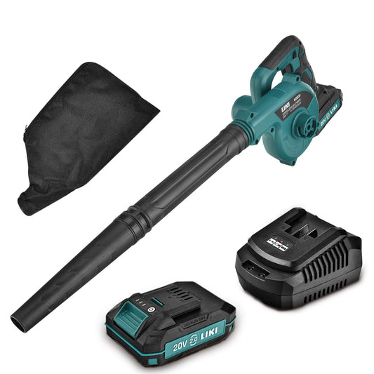 LIKI 20V cordless leaf blower,with 4.0Ah lithium battery, adjustable speed, hand-held sweeper, used for garden leaf blowing, snow blowing, fire making (4.0Ah battery and charger)